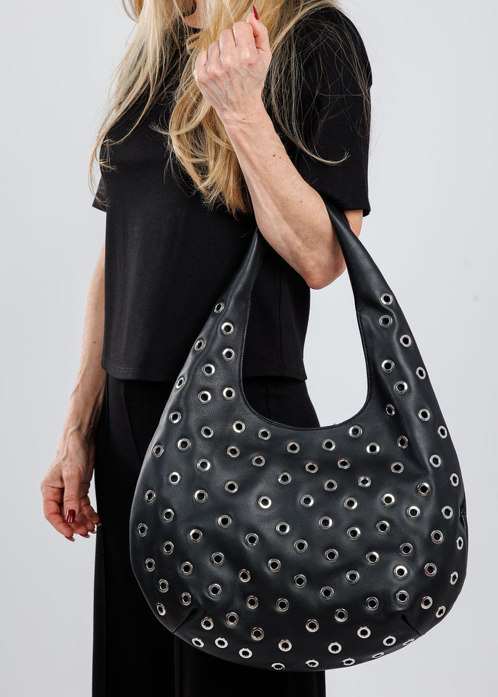 B-Low The Belt Gia Grommet Leather Hobo Bag in Black Silver available at Barbara Katz
