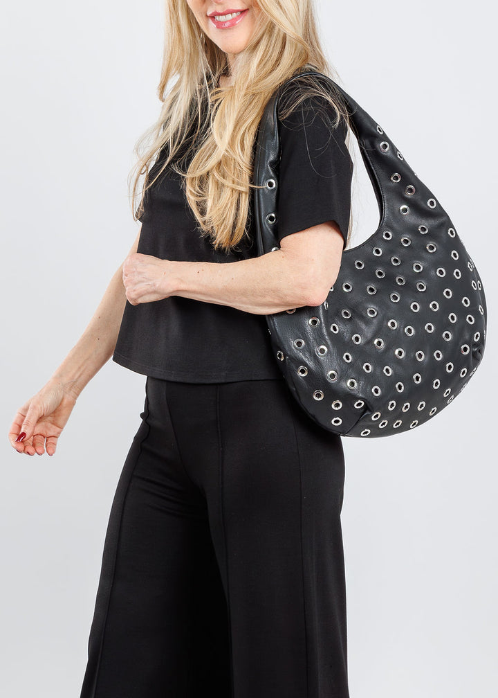 Gia Grommet Leather Hobo Bag - Black Silver