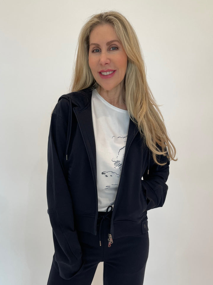 Margittes Drawstring Hoodie in Marine with Margittes White Graffic Tee underneath available at Barbara Katz