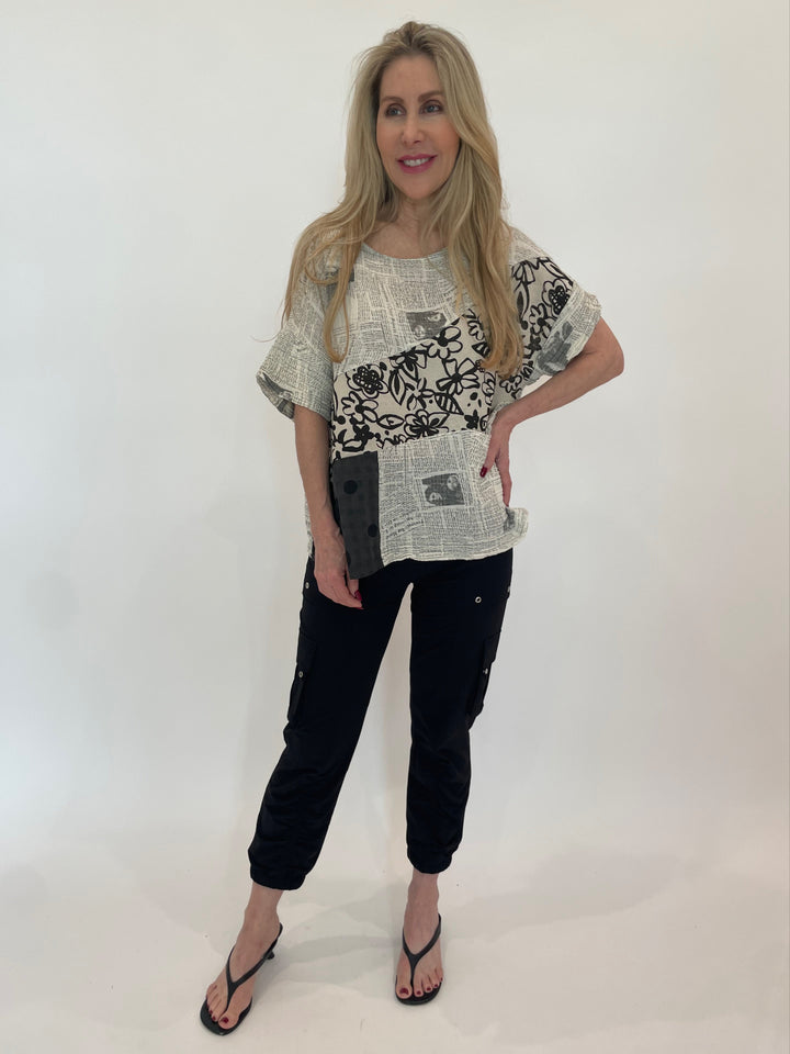 Chalet et Ceci Tia Natural Yarn Top in Parchment Mix paired with Peace of Cloth Britt Cargo Pant in Onyx available at Barbara Katz