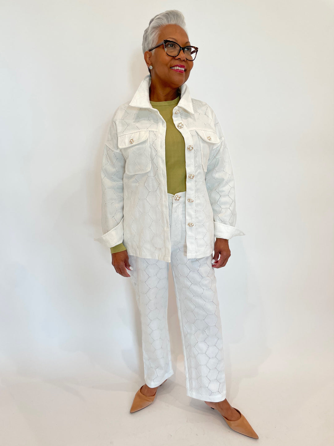 Leo & Ugo Lace Jacket With Pocket in White paired with matching Lace Pants in White available at Barbara Katz