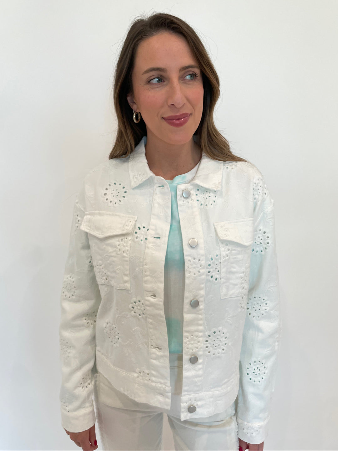 Elliott Lauren Eye Contact Eyelet Jacket in White available at Barbara Katz