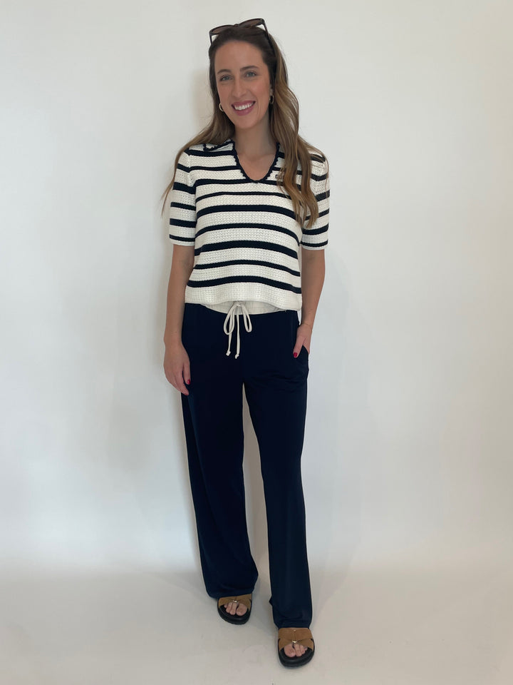 Oui Polo Pullover Sweater in White Blue paired with Oui Pull-On Trousers in Dark Blue available at Barbara Katz
