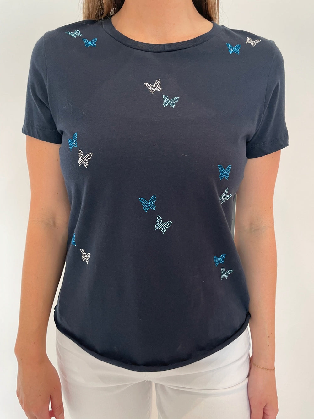 Suzy T Butterflies T-Shirt in Navy available at Barbara Katz