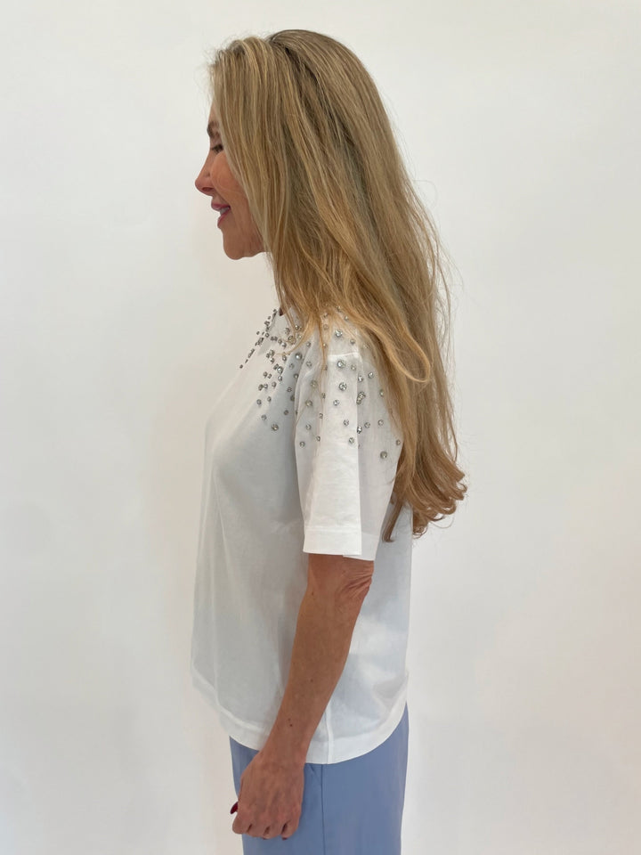 Marella Feluca Short Sleeve Tee With Crystals in Optical White available at Barbara Katz
