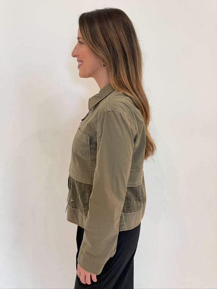 Marrakech Carlton Lace Peplum Long Sleeve Jacket in Oak available at Barbara Katz