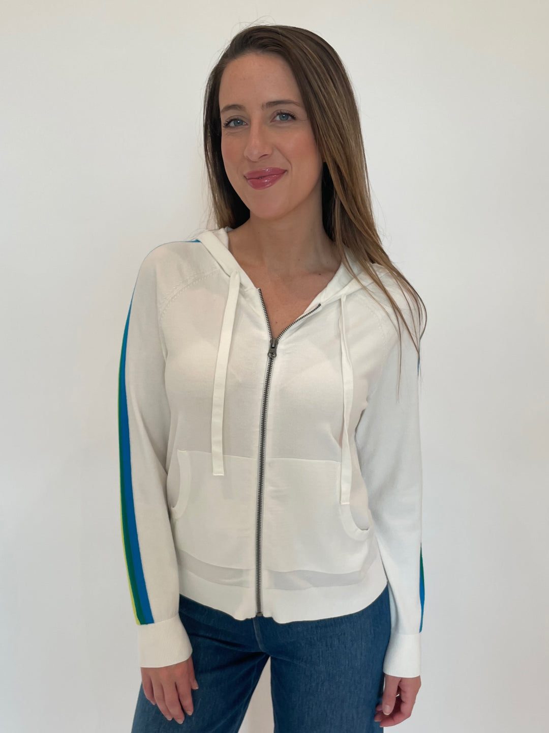 J Society Striped Sleeve Zip Hoodie in White available at Barbara Katz