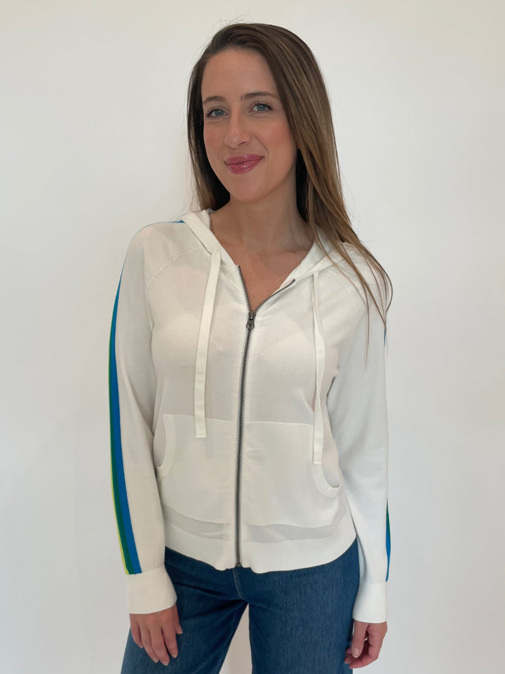 J Society Striped Sleeve Zip Hoodie in White available at Barbara Katz