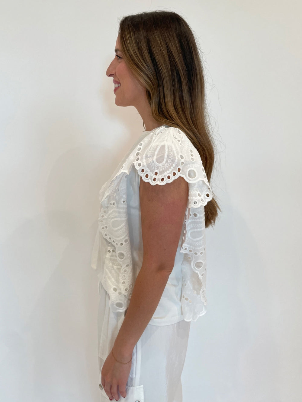 Leo & Ugo Abigail Eyelet Short Sleeve Top in White available at Barbara Katz
