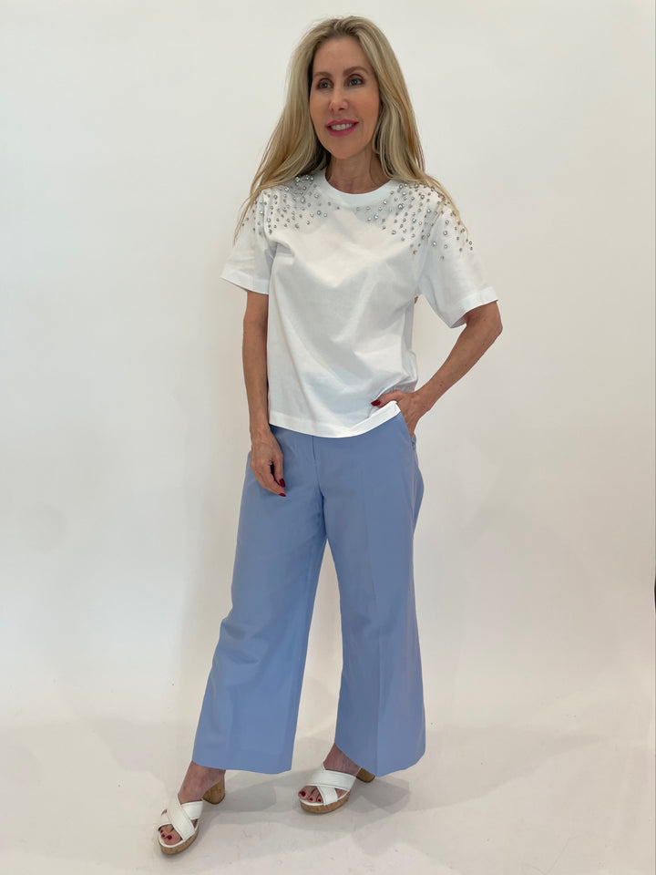 Marella Feluca Cotton T-Shirt With Crystals in Optical White paired with Max Mara Weekend Zircone Cotton Linen Pants in Light Blue available at Barbara Katz