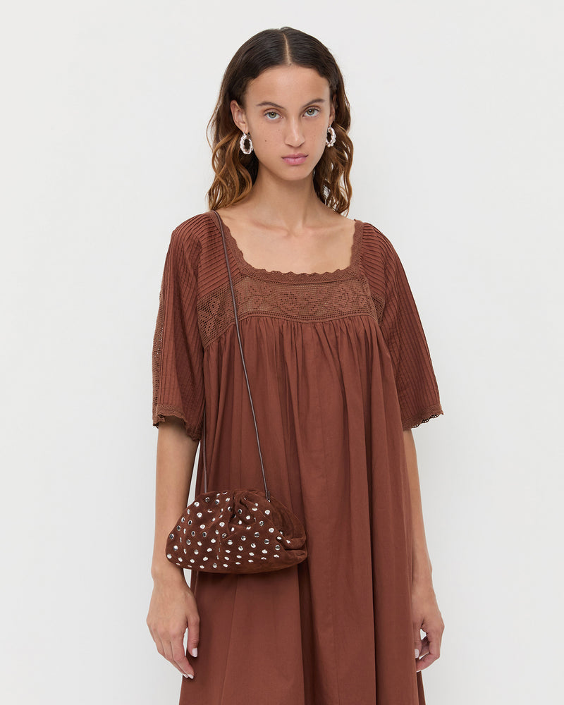 Loeffler Randall Bailey Dome Clutch Crossbody in Espresso Suede With Silver Studs available at Barbara Katz