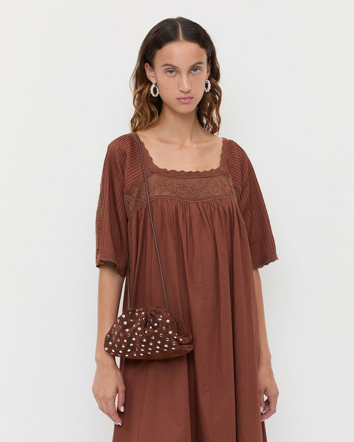 Loeffler Randall Bailey Dome Clutch Crossbody in Espresso Suede With Silver Studs available at Barbara Katz