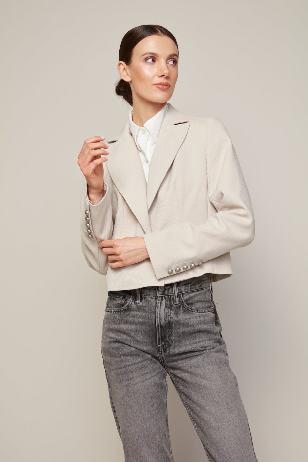 Adroit Atelier Bardot Single Breasted Short Boxy Blazer in Birch available at Barbara Katz