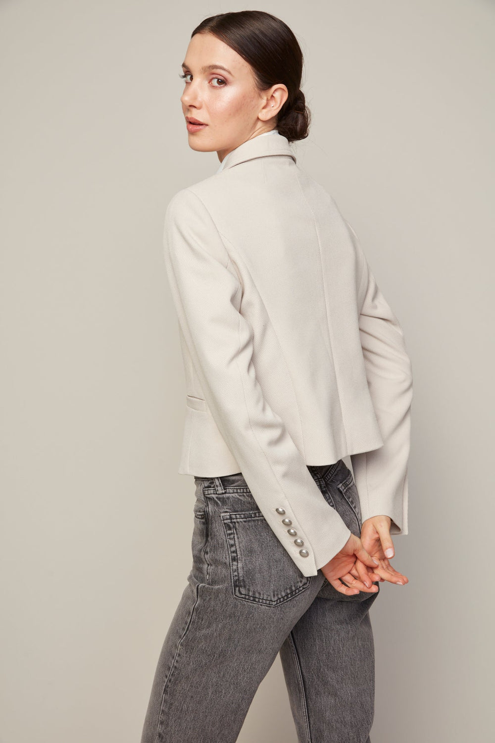 Adroit Atelier Bardot Single Breasted Short Boxy Blazer in Birch available at Barbara Katz