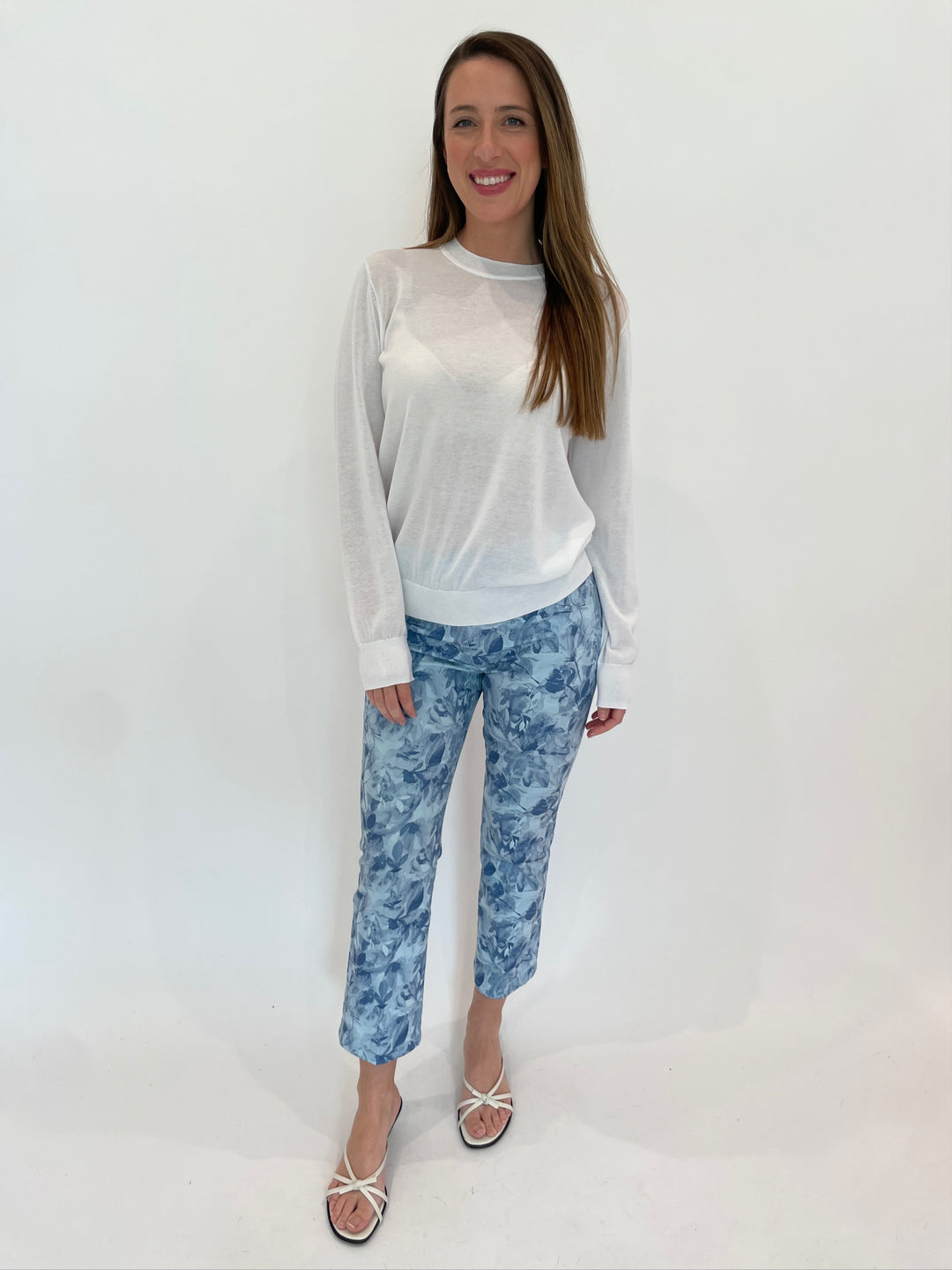 Elliott Lauren Cotton Charm Crew Sweater in White paired with Elliott Lauren Water Lily Printed Pants in Blue available at Barbara Katz