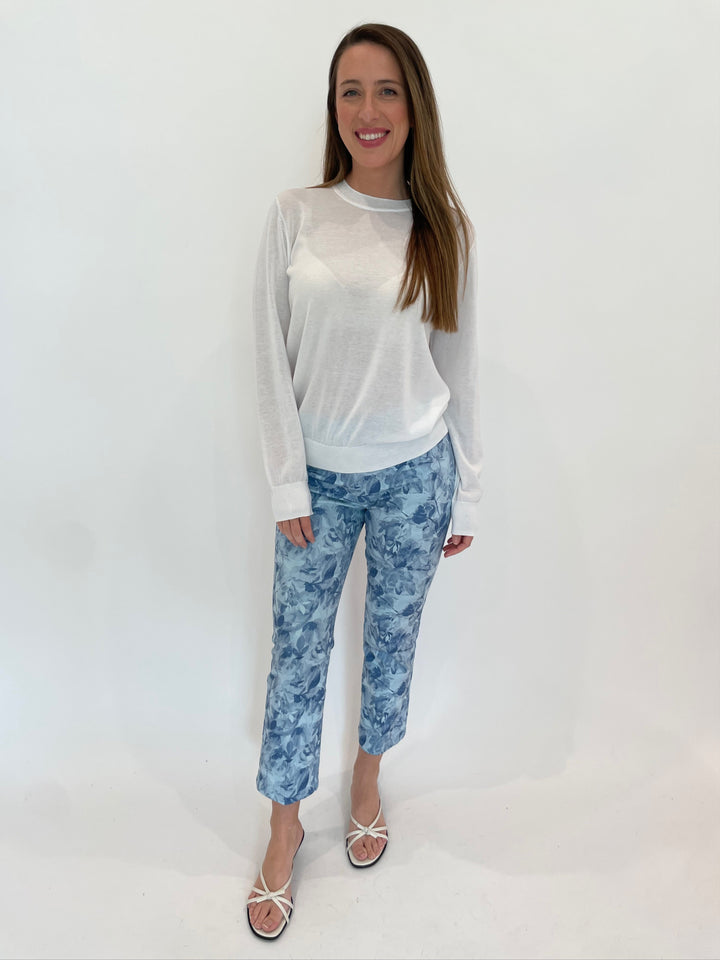 Elliott Lauren Cotton Charm Crew Sweater in White paired with Elliott Lauren Water Lily Printed Pants in Blue available at Barbara Katz