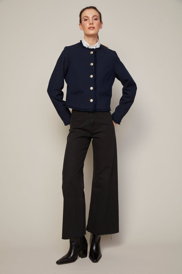 Adroit Atelier Beatrice Short Blazer With Fringe Details in Navy available at Barbara Katz