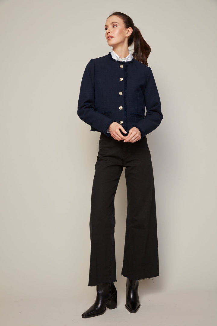 Adroit Atelier Beatrice Short Blazer With Fringe Details in Navy available at Barbara Katz