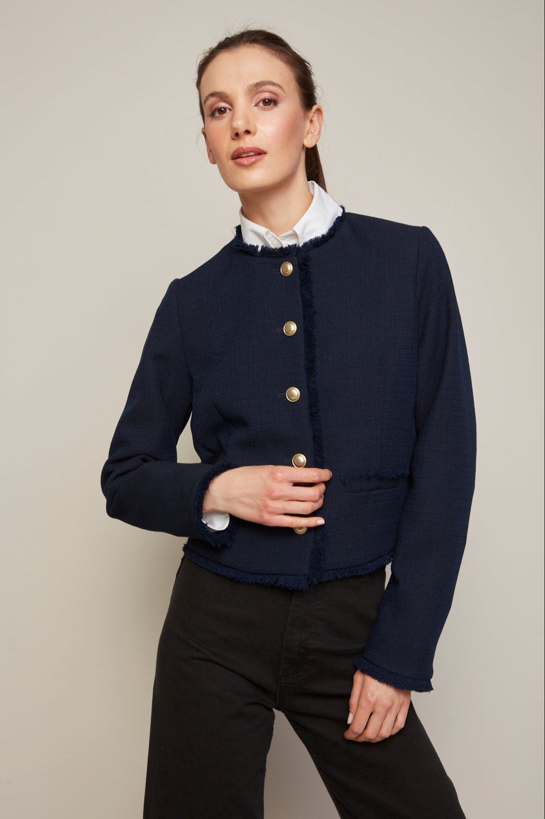 Adroit Atelier Beatrice Short Blazer With Fringe Details in Navy available at Barbara Katz