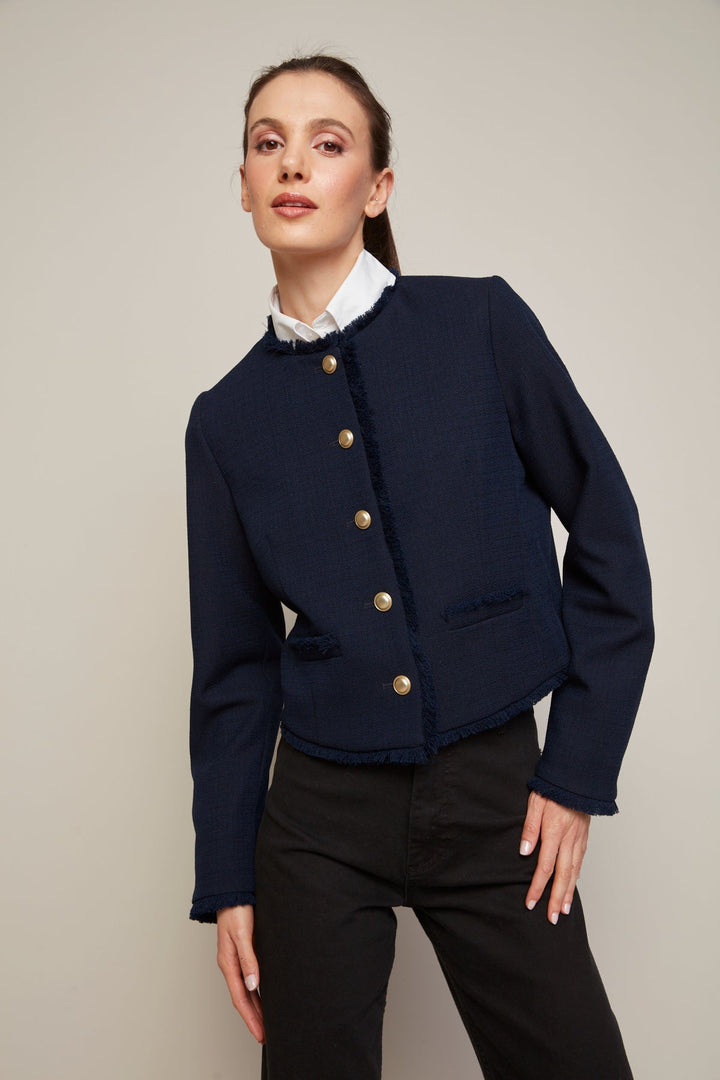 Adroit Atelier Beatrice Short Blazer With Fringe Details in Navy available at Barbara Katz