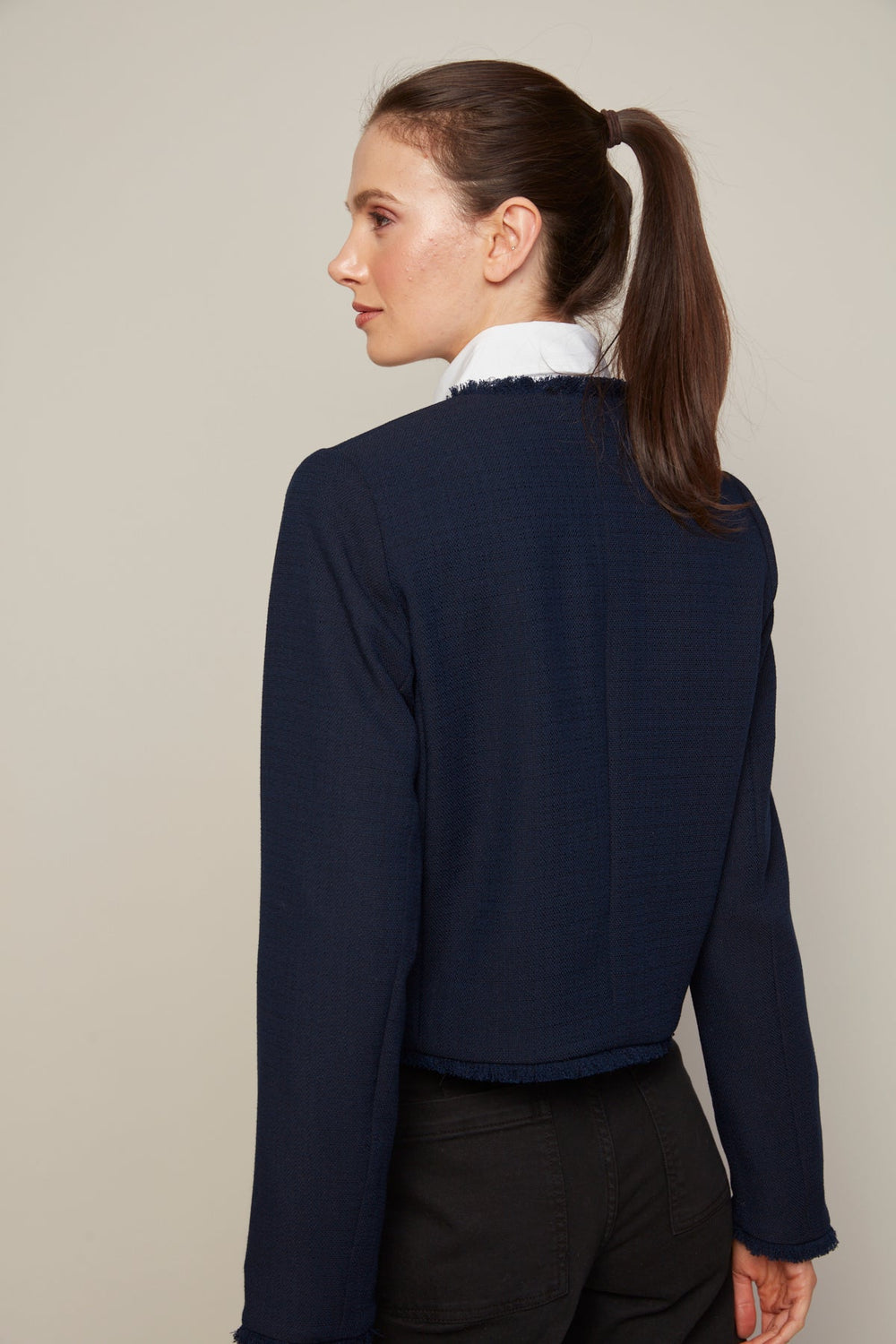 Adroit Atelier Beatrice Short Blazer With Fringe Details in Navy available at Barbara Katz