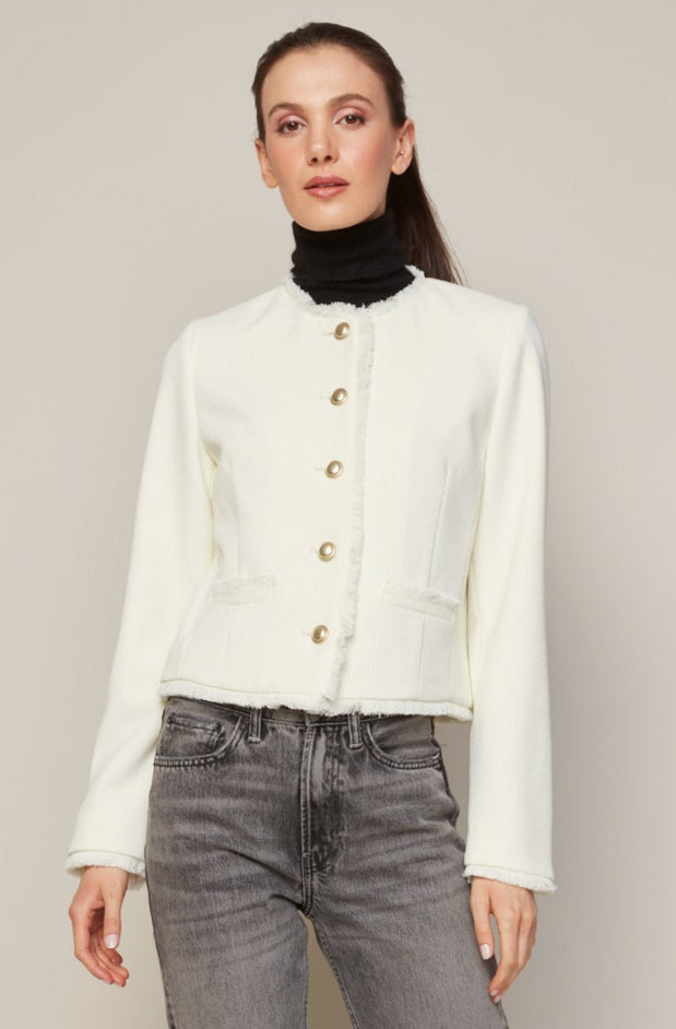 Adroit Atelier Beatrice Short Blazer With Fringe Details in Winter White available at Barbara Katz