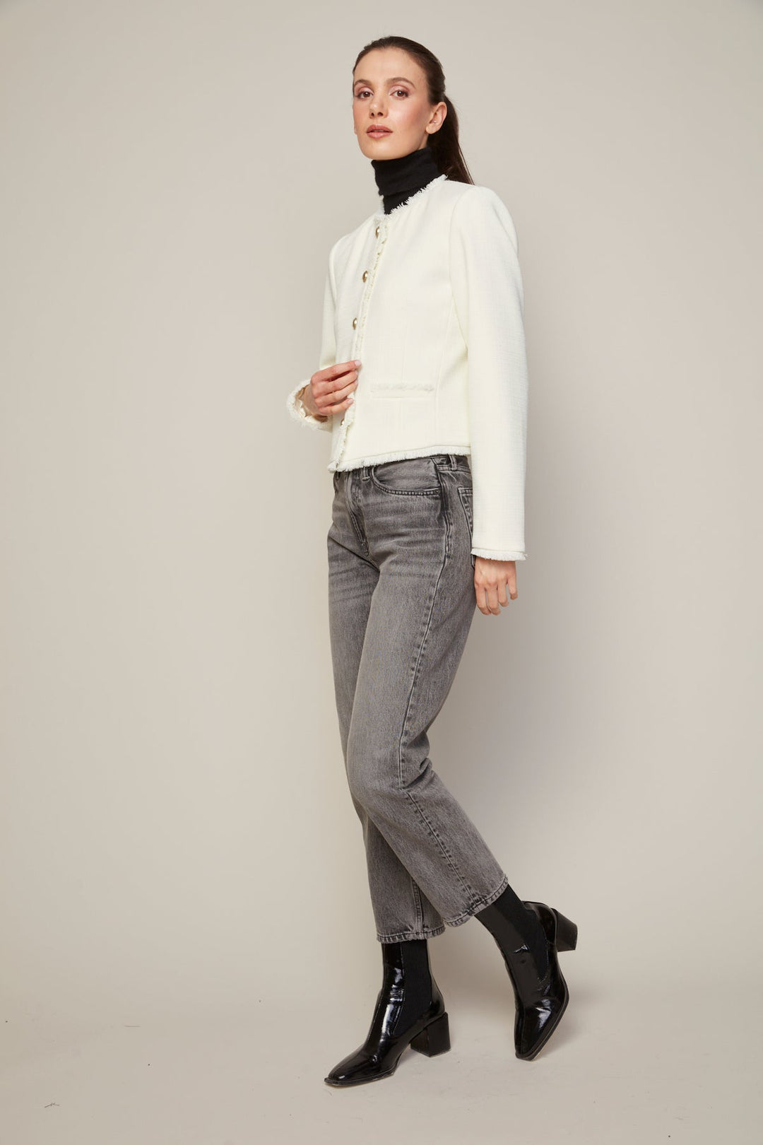 Adroit Atelier Beatrice Short Blazer With Fringe Details in Winter White available at Barbara Katz