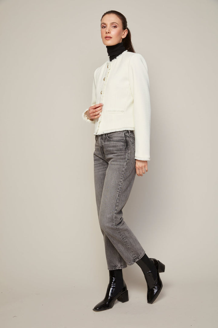 Adroit Atelier Beatrice Short Blazer With Fringe Details in Winter White available at Barbara Katz