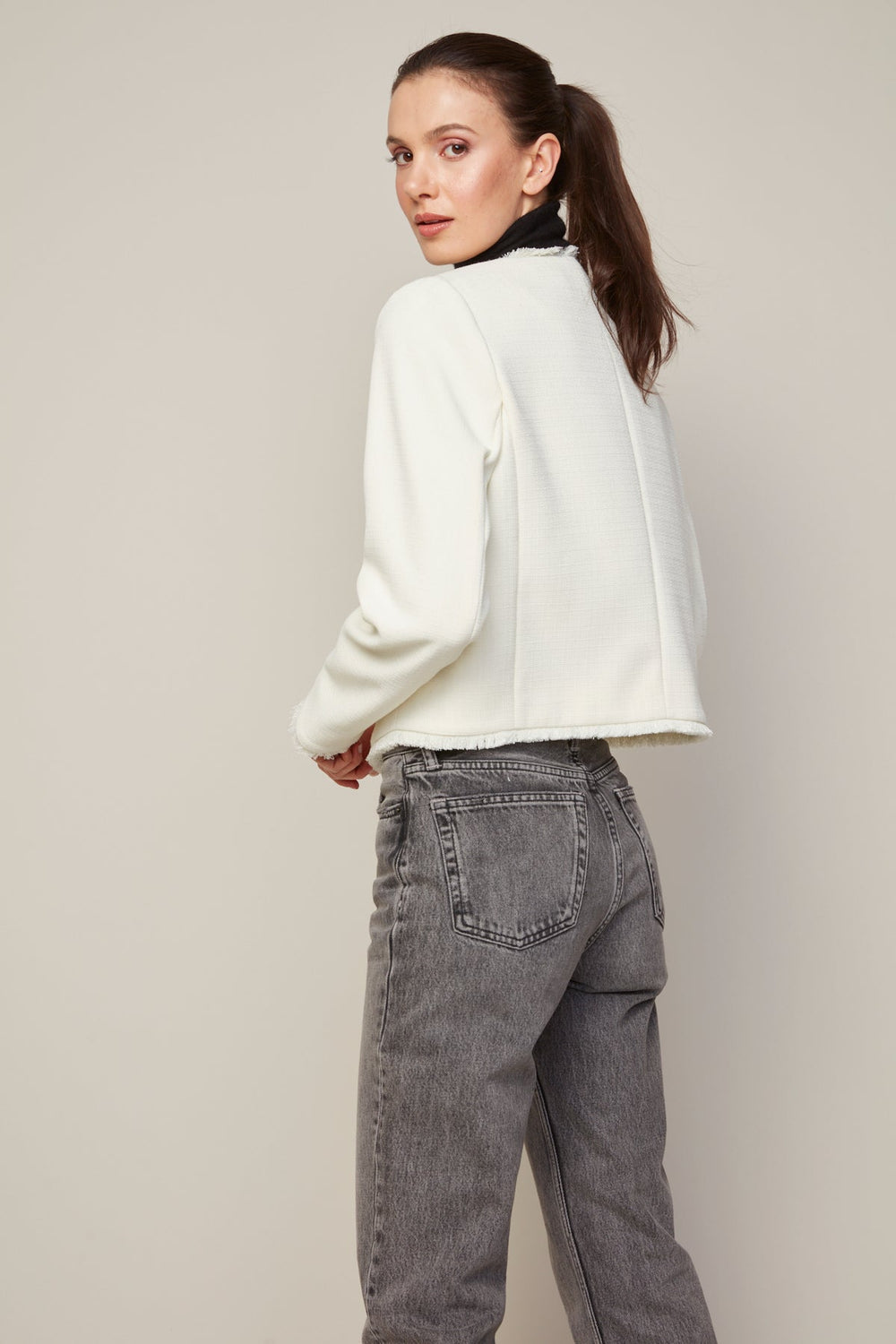 Adroit Atelier Beatrice Short Blazer With Fringe Details in Winter White available at Barbara Katz