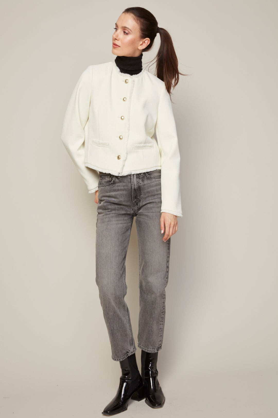 Adroit Atelier Beatrice Short Blazer With Fringe Details in Winter White available at Barbara Katz