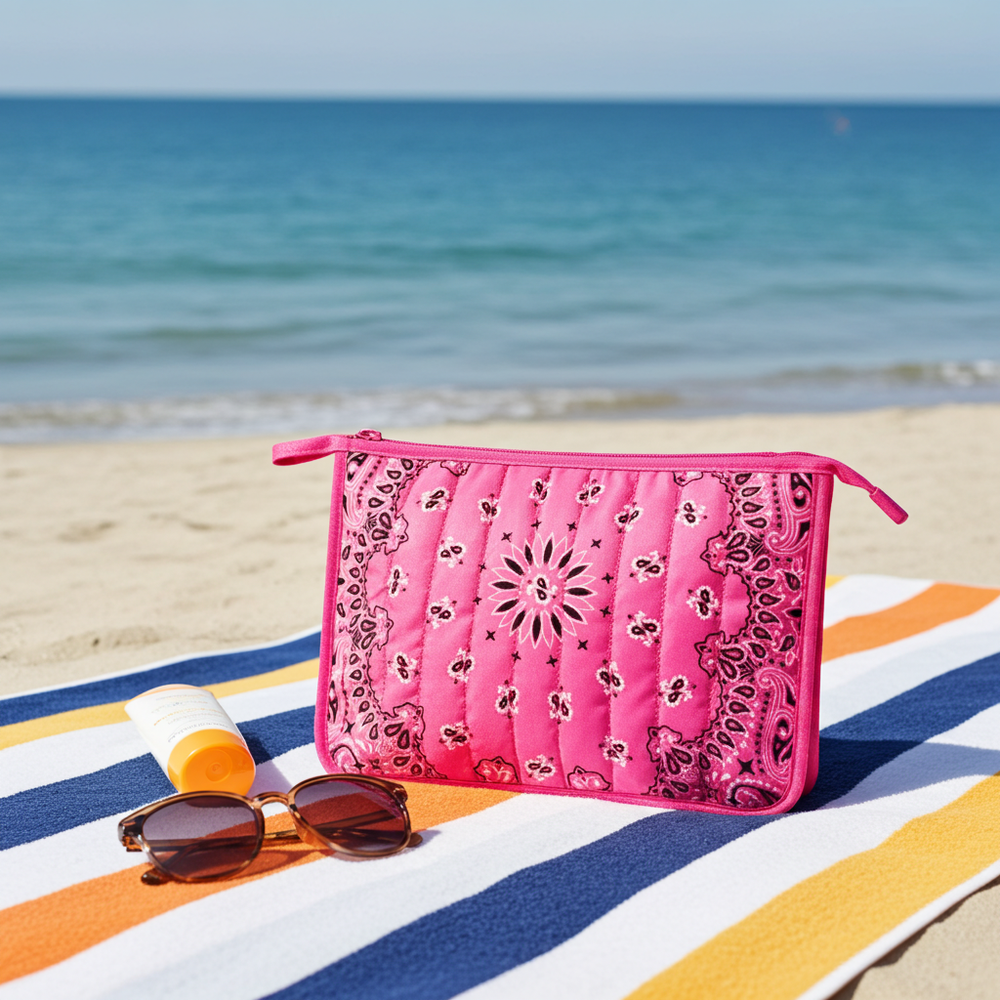 Haute Shore Beau Bandana Print Pouch in Hot Pink available at Barbara Katz