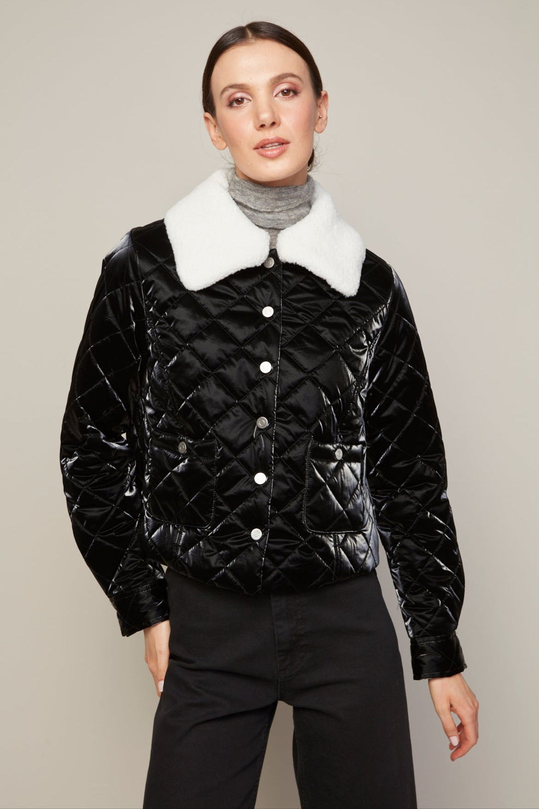 Adroit Atelier Becca Short Quilted Jacket With Removable Collar in Black Metallic available at Barbara Katz