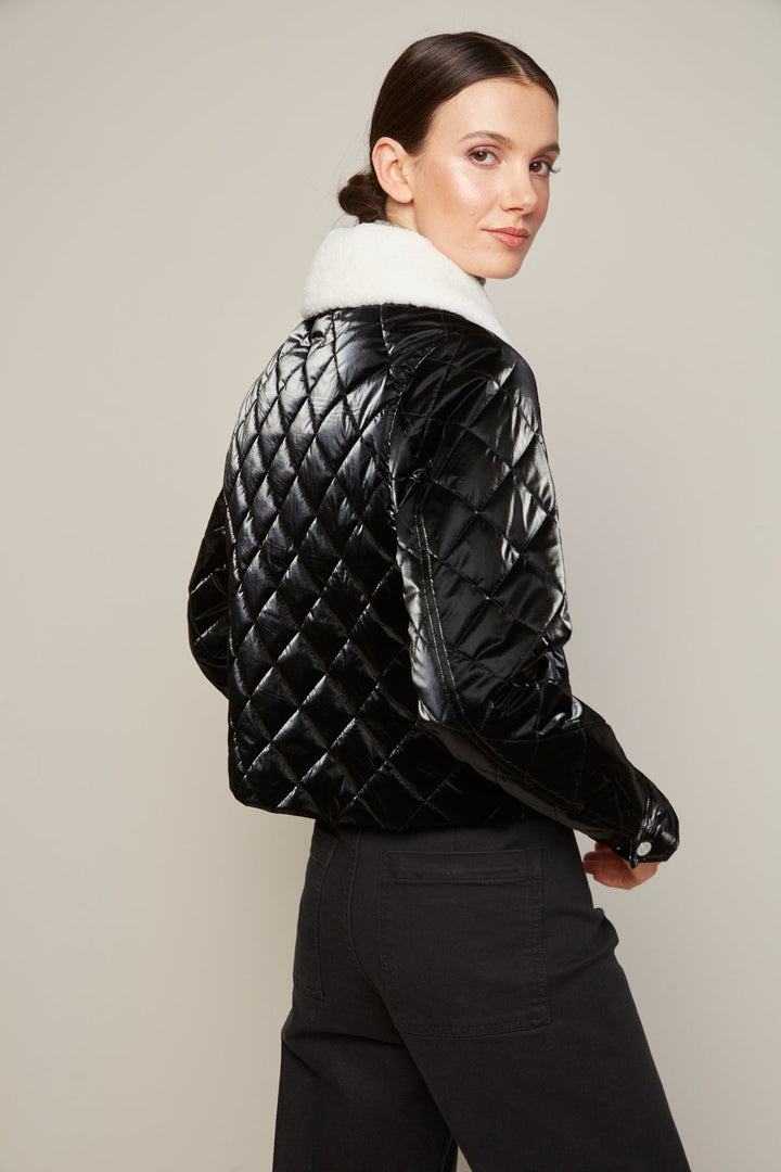 Adroit Atelier Becca Short Quilted Jacket With Removable Collar in Black Metallic available at Barbara Katz