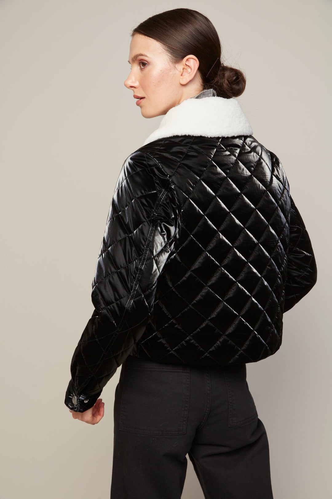 Adroit Atelier Becca Short Quilted Jacket With Removable Collar in Black Metallic available at Barbara Katz