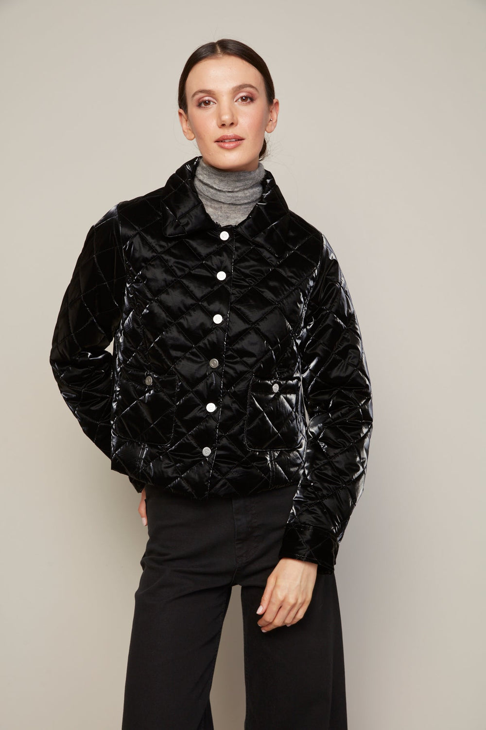 Adroit Atelier Becca Short Quilted Jacket With Removable Collar in Black Metallic available at Barbara Katz