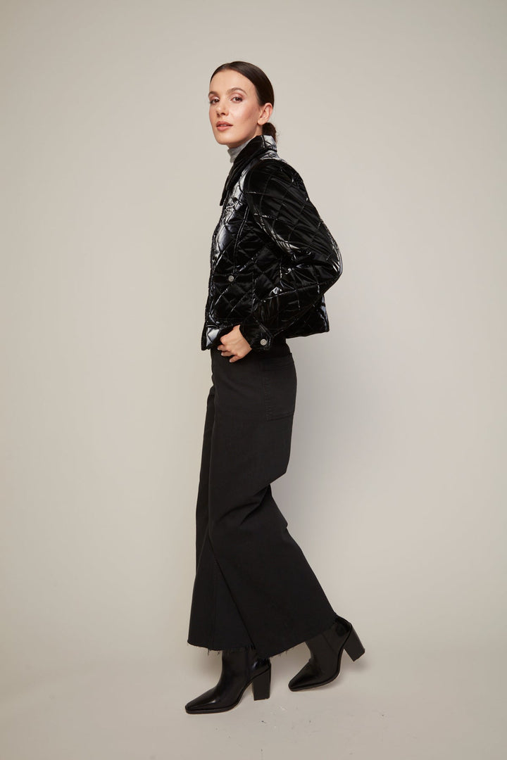 Adroit Atelier Becca Short Quilted Jacket With Removable Collar in Black Metallic available at Barbara Katz