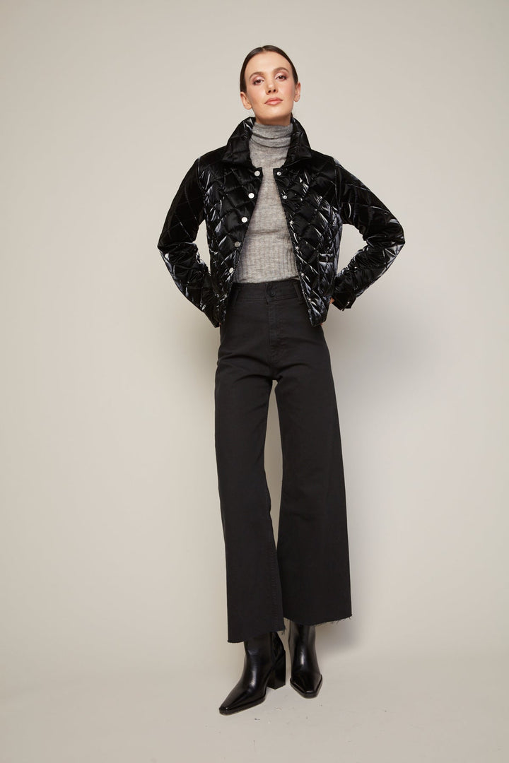 Adroit Atelier Becca Short Quilted Jacket With Removable Collar in Black Metallic available at Barbara Katz