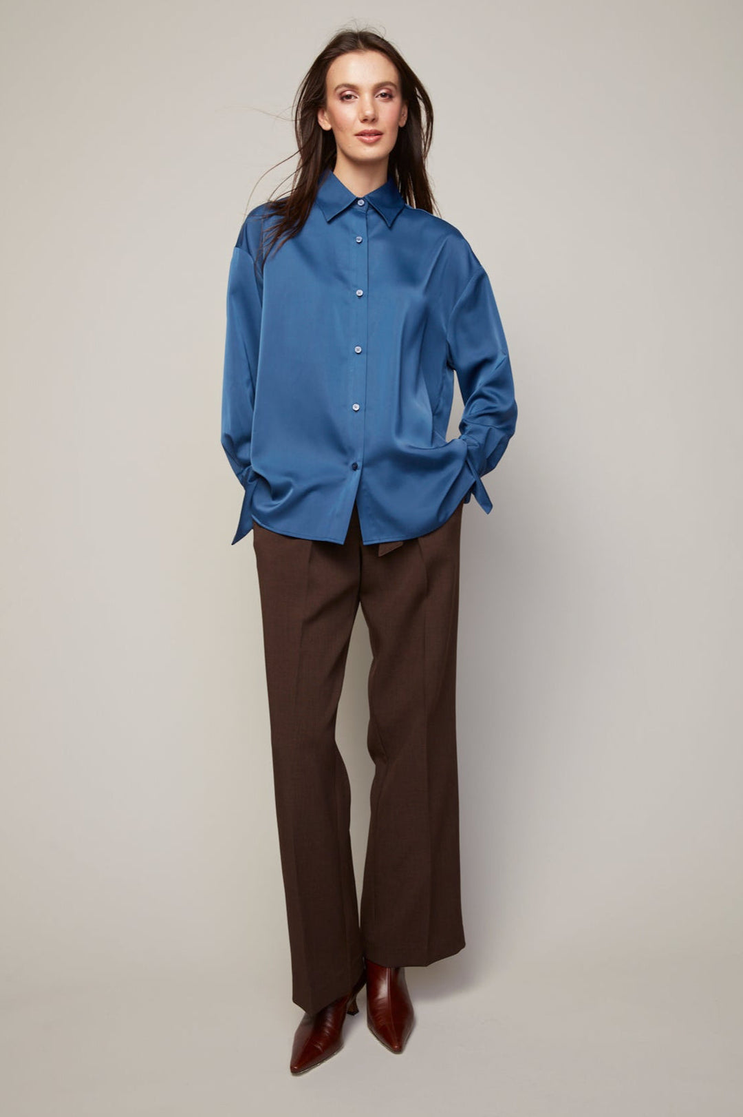 Adroit Atelier Bellamy Satin Buttoned Down Blouse in Sapphire Blue available at Barbara Katz