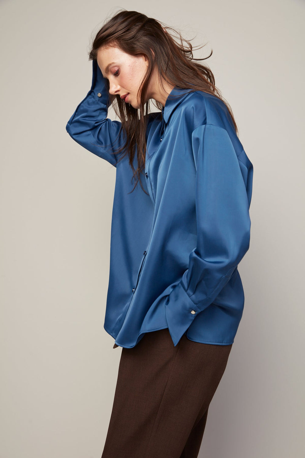 Adroit Atelier Bellamy Satin Buttoned Down Blouse in Sapphire Blue available at Barbara Katz