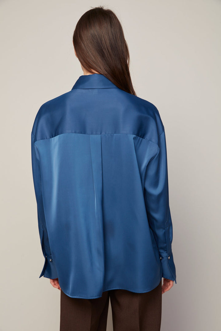 Adroit Atelier Bellamy Satin Buttoned Down Blouse in Sapphire Blue available at Barbara Katz