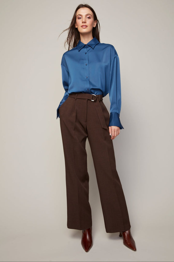 Adroit Atelier Bellamy Satin Buttoned Down Blouse in Sapphire Blue available at Barbara Katz