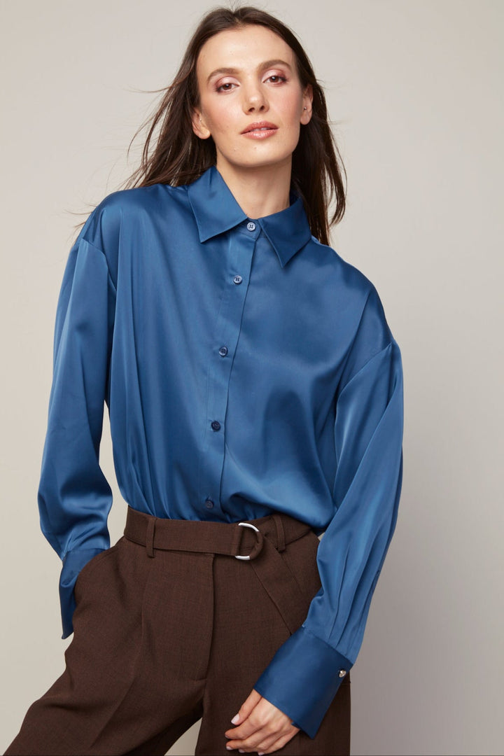 Adroit Atelier Bellamy Satin Buttoned Down Blouse in Sapphire Blue available at Barbara Katz