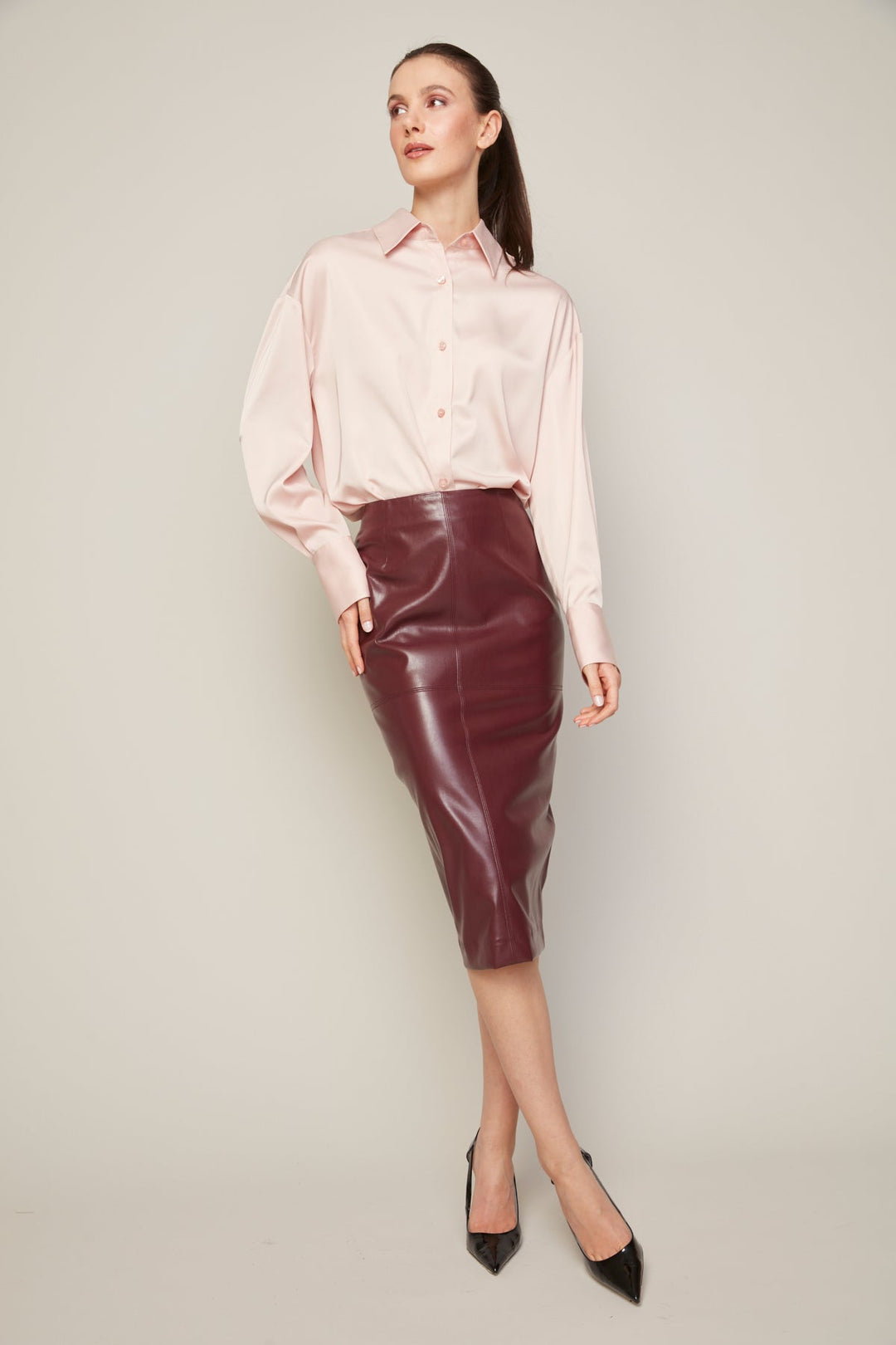 Adroit Atelier Bellamy Satin Buttoned Down Blouse in Rose available at Barbara Katz