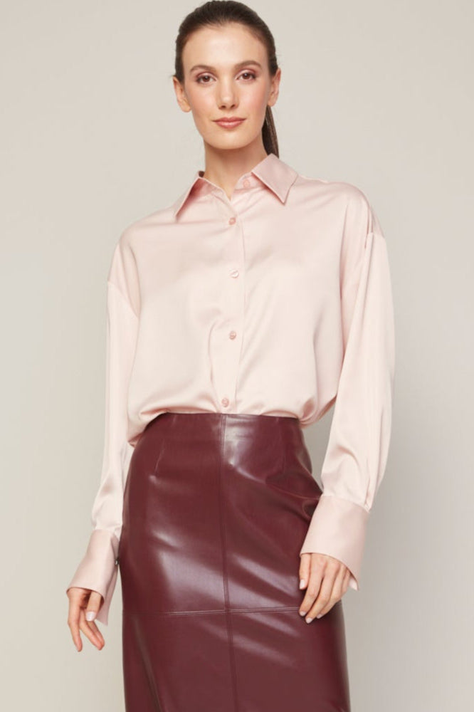 Adroit Atelier Bellamy Satin Buttoned Down Blouse in Rose available at Barbara Katz
