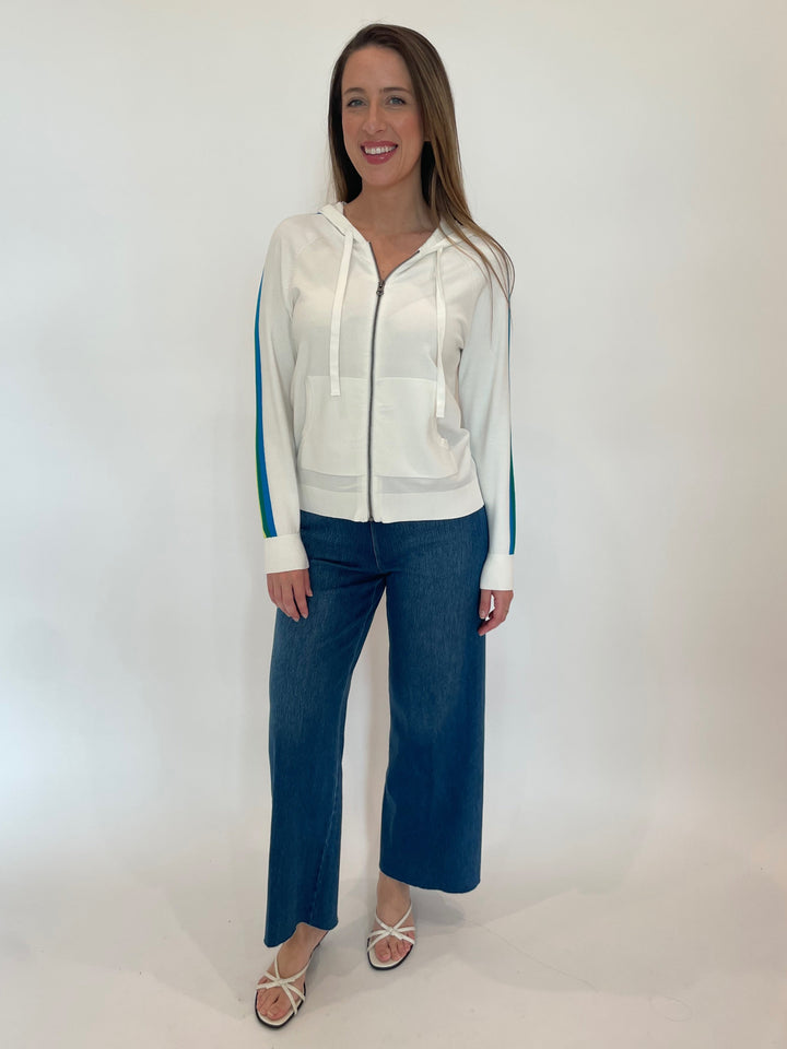 J Society Striped Sleeve Zip Hoodie in White paired with Lysse Erin Hi Waist Wide Leg Denim Pants in Mid Wash available at Barbara Katz