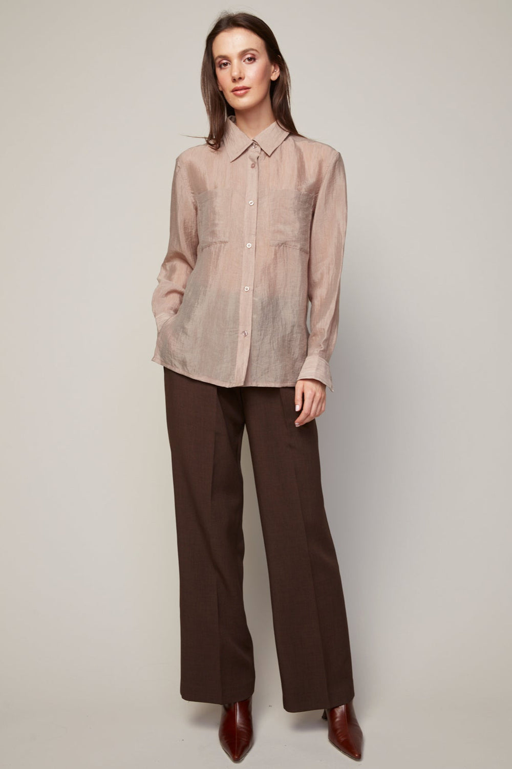 Adroit Atelier Bijou Semi-transparent Buttoned Blouse With Patch Pocket in Taupe available at Barbara Katz