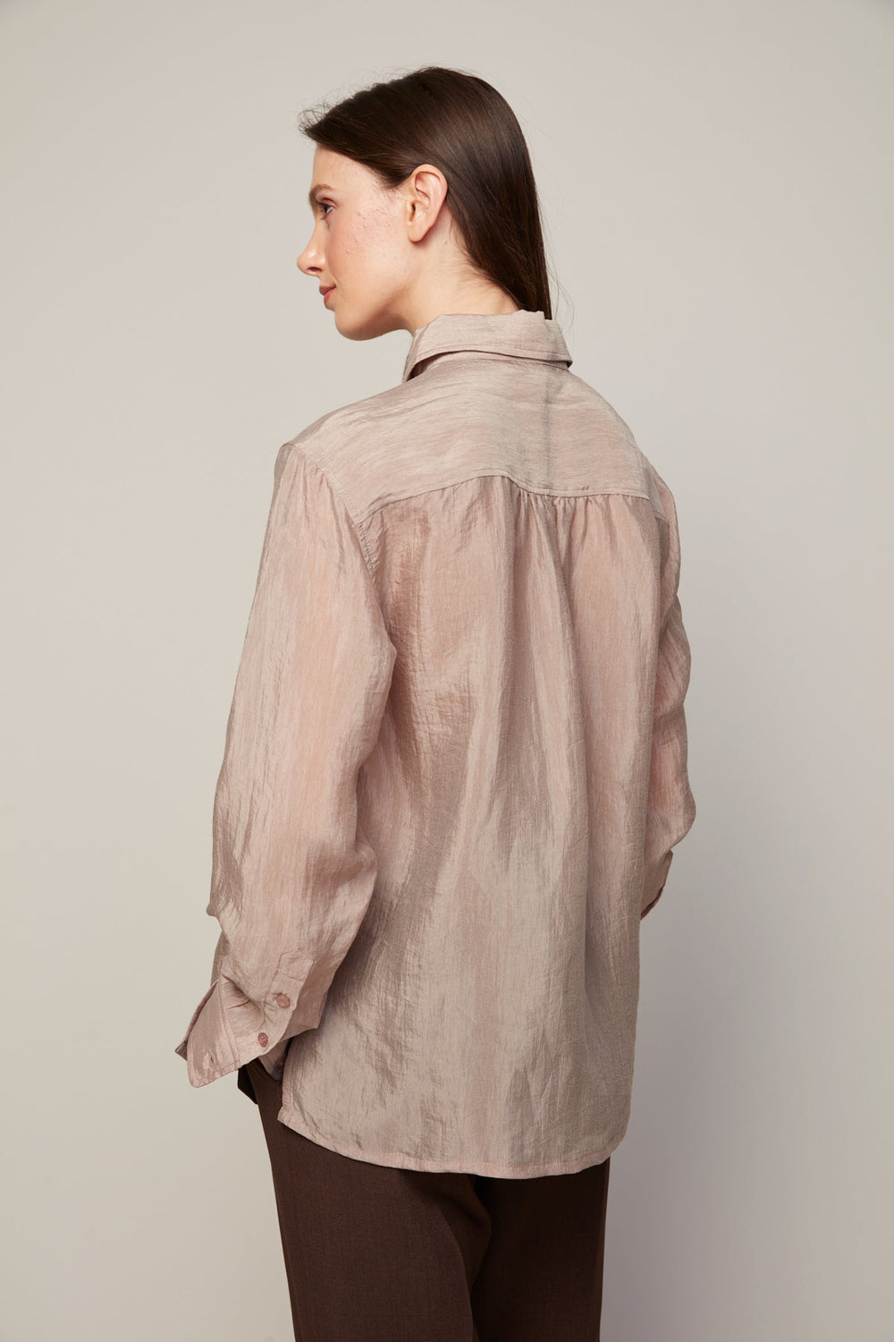 Adroit Atelier Bijou Semi-transparent Buttoned Blouse With Patch Pocket in Taupe available at Barbara Katz