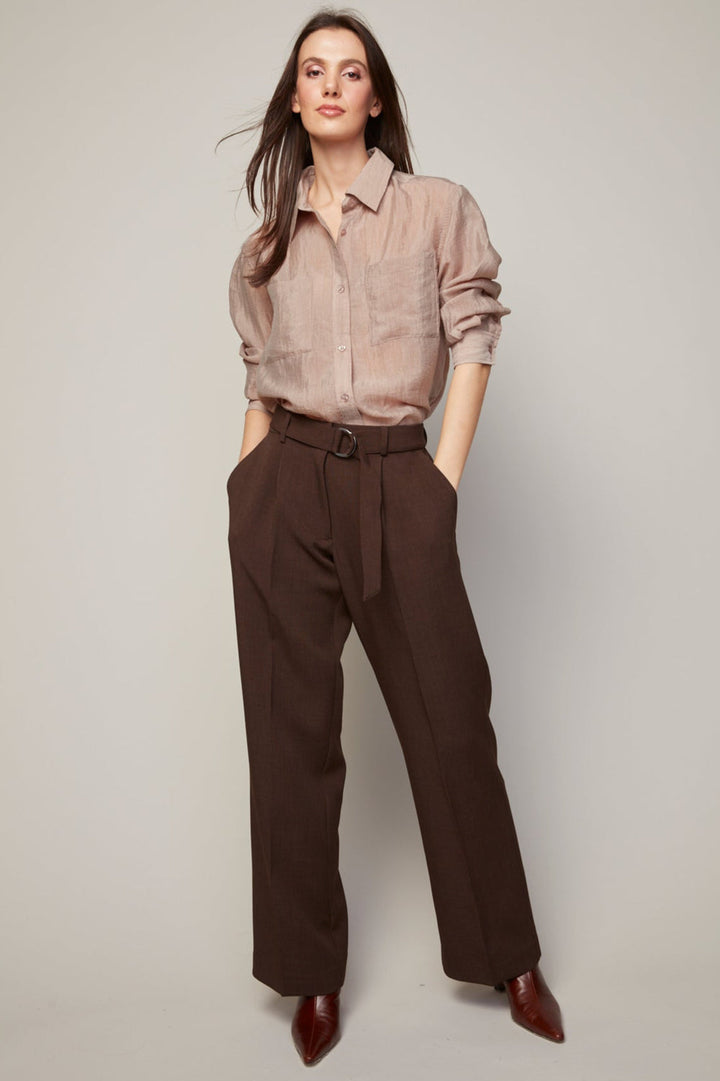 Adroit Atelier Bijou Semi-transparent Buttoned Blouse With Patch Pocket in Taupe available at Barbara Katz
