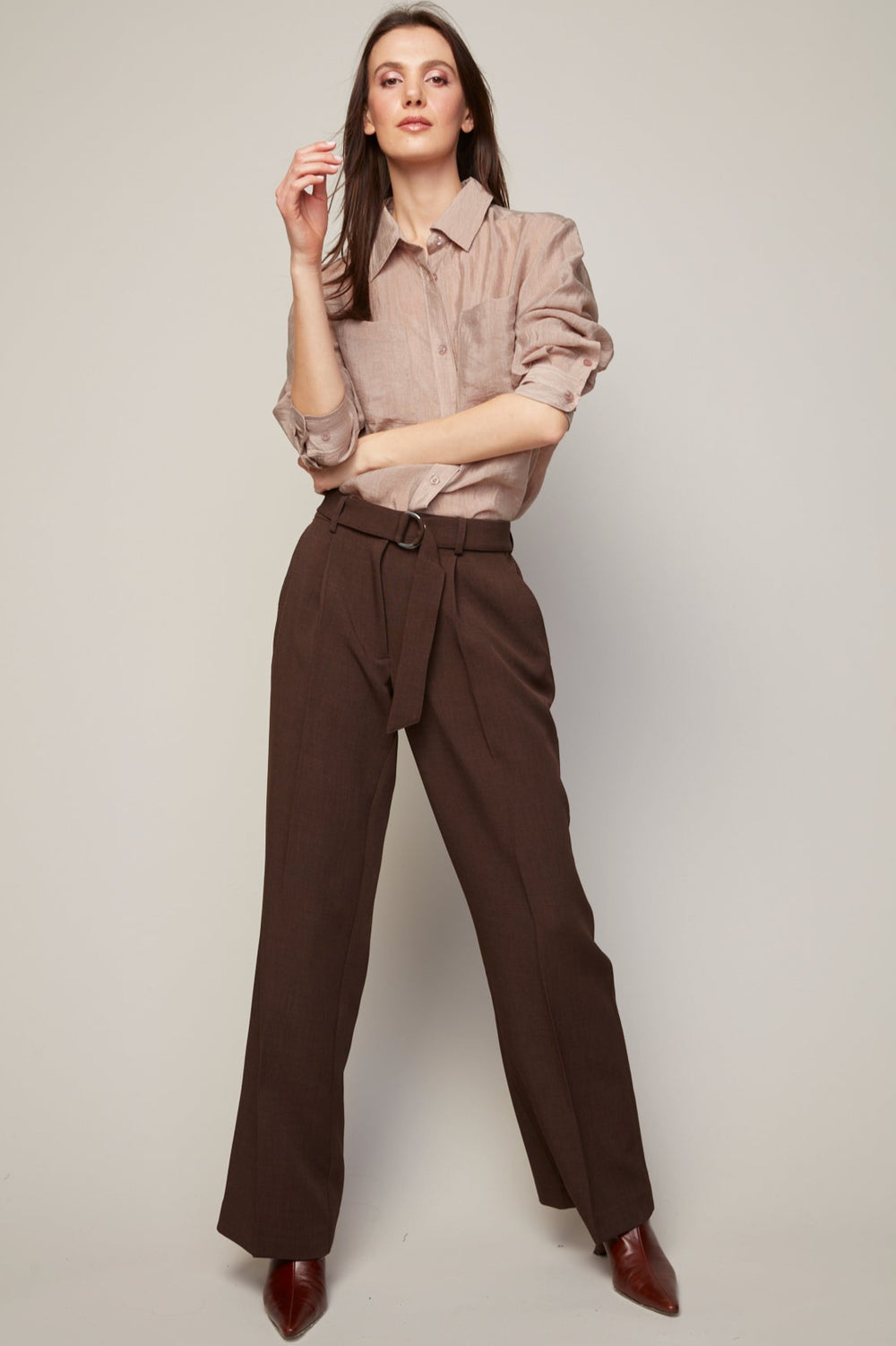 Adroit Atelier Bijou Semi-transparent Buttoned Blouse With Patch Pocket in Taupe available at Barbara Katz