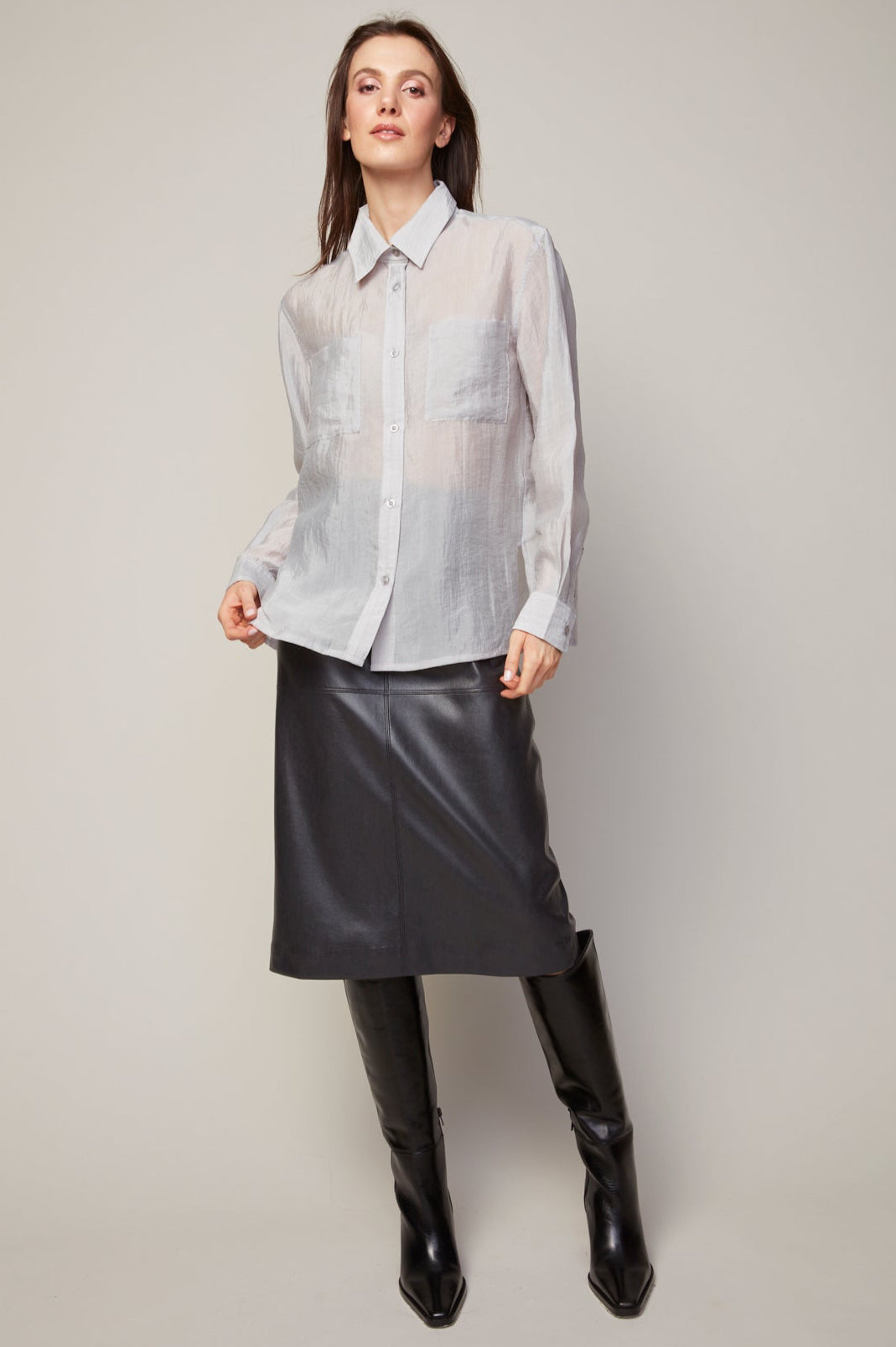 Adroit Atelier Bijou Semi-transparent Buttoned Blouse With Patch Pocket in Grey available at Barbara Katz